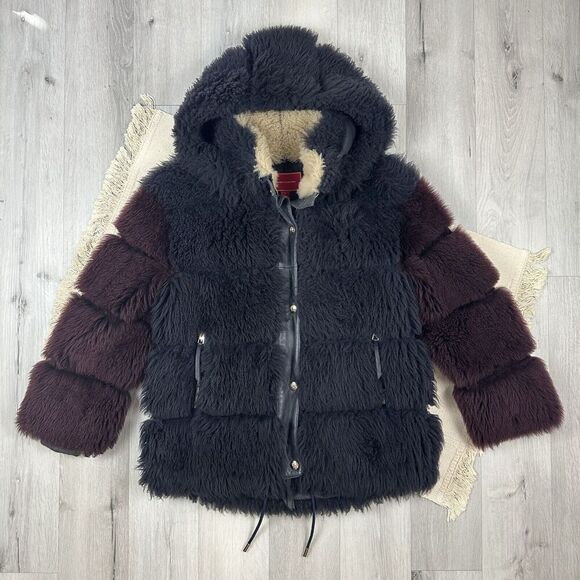 Rare Tommy Hilfiger Fur Coat Shearling Hooded Jacket Navy Burgundy Size 2 - Picture 1 of 12